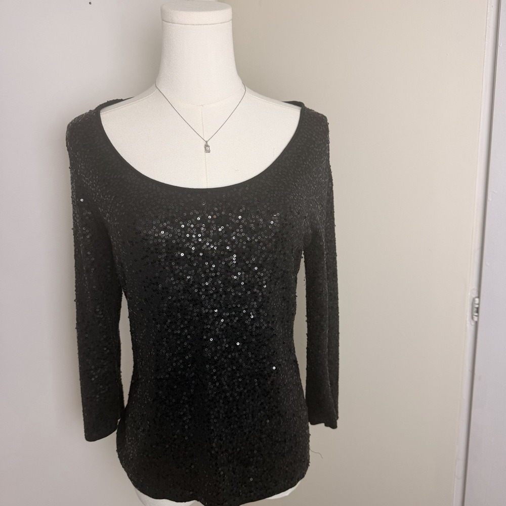 EILEEN FISHER Silk Black Sequin Top Sz XS Embellished Evening Shimmer Luxe